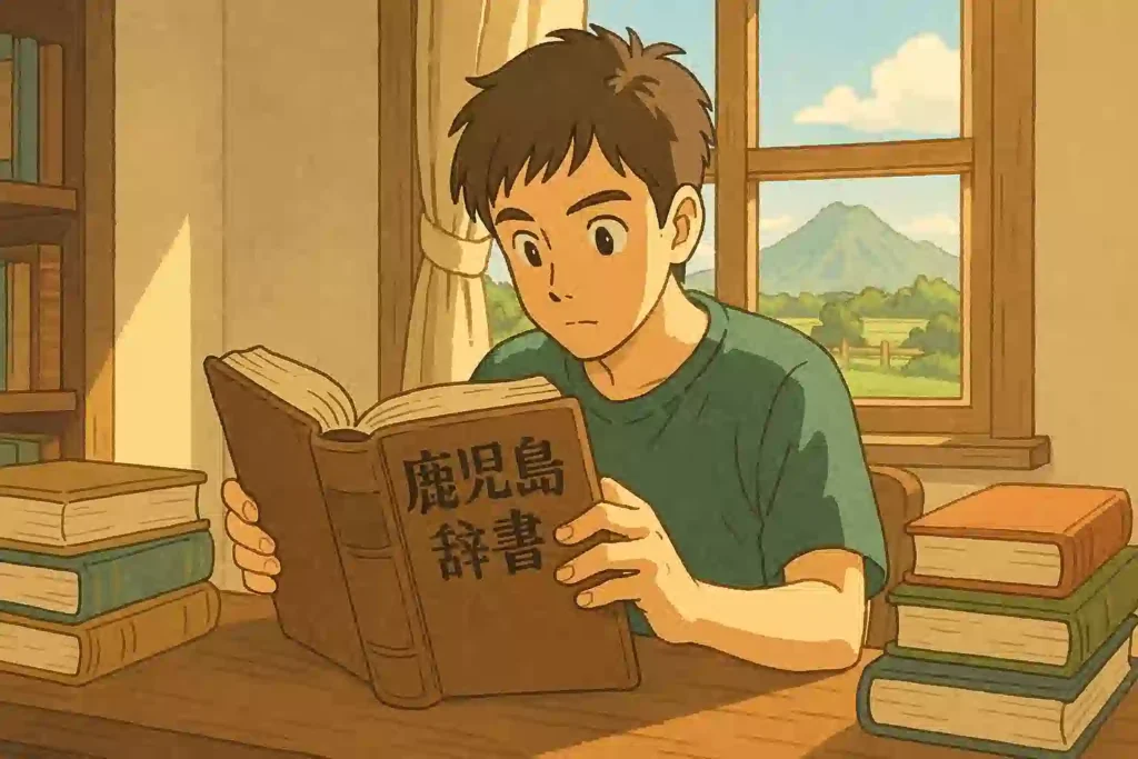陽の光が差し込む書斎で、若い男性が鹿児島弁の単語帳を熱心に読みふけっているアニメ風イラスト。知的好奇心を感じさせる一枚。