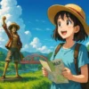 熊本の夏、緑豊かな風景の中に立つアニメファンの女性。遠くには人気キャラクターの銅像が見え、アニメ聖地巡礼のワクワク感を表現しているアイキャッチ画像。