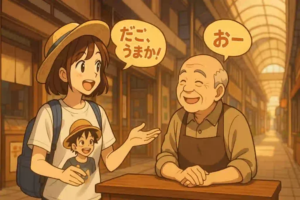 熊本の商店街で、現地の店主とアニメファンの旅行者が熊本弁を使って楽しそうに会話しているイラスト。聖地巡礼での温かい交流をイメージさせる。