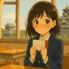 熊本城が見える教室で、少し照れながらこちらを見つめる制服の女子高生。熊本弁での告白をテーマにしたアイキャッチ画像。