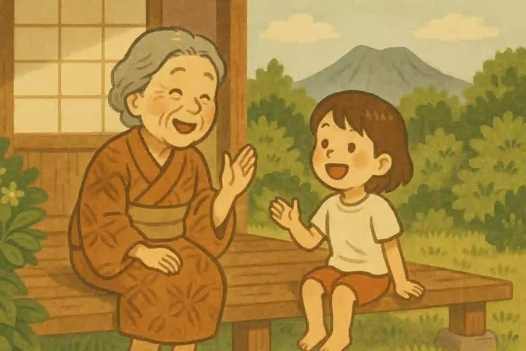 熊本の伝統的な家の縁側で、おばあさんと孫が楽しそうに話している。背景には阿蘇山が見え、方言が受け継がれる日常風景を描いている。