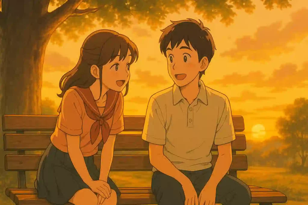 夕暮れの公園のベンチで、楽しそうに話す女の子と、それを嬉しそうに聞く男の子。熊本弁を使った胸キュンデートシーンをイメージしたイラスト。