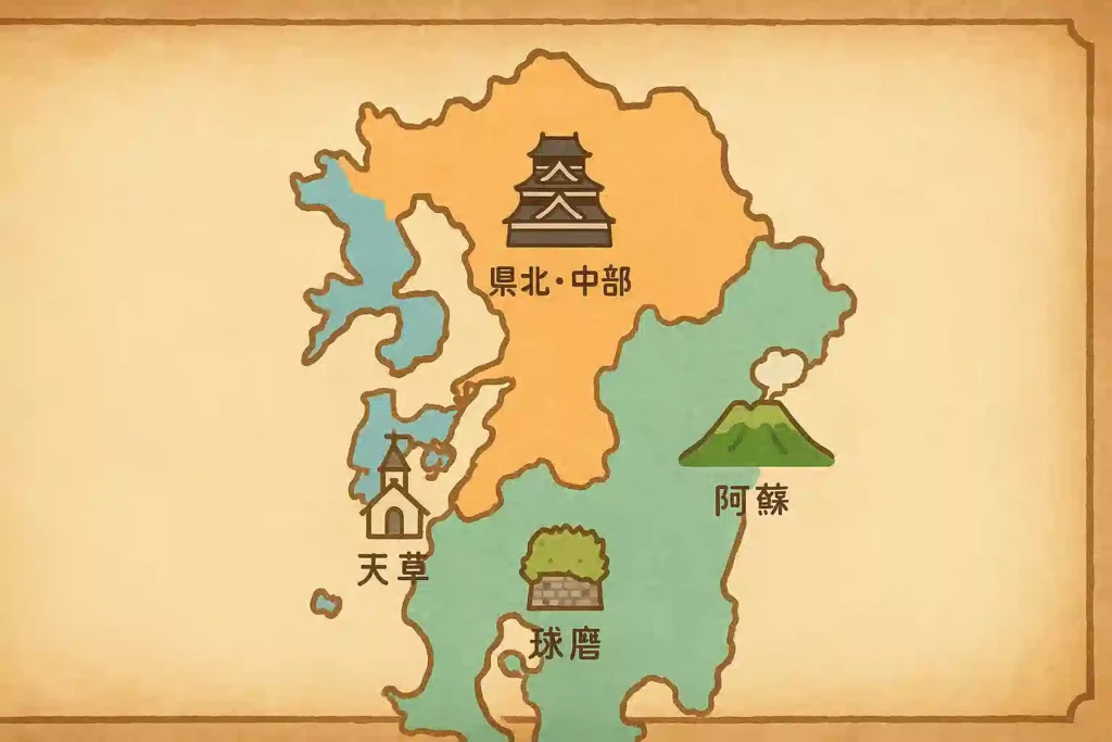 熊本県が4つのエリア(県北・中部、天草、球磨、阿蘇)に色分けされ、各地域にランドマークのアイコンが描かれた、分かりやすい熊本弁の分布地図。