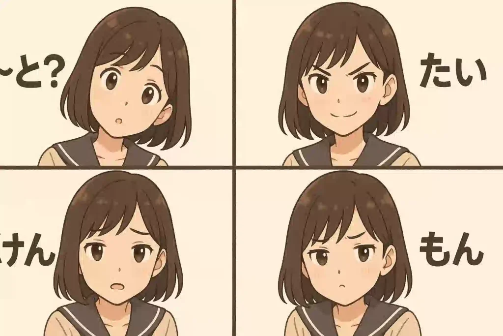 「〜と?」「〜たい」「〜けん」「〜もん」という熊本弁の語尾に合わせて、問いかけたり、断言したり、気遣ったり、拗ねたりする女子高生の様々な表情を描いたイラスト。