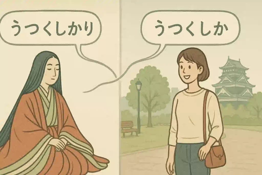 平安時代の貴族と現代の熊本の女性が並んでおり、それぞれ古語と熊本弁で「美しい」と話している。言葉の歴史的なつながりを示したイラスト。