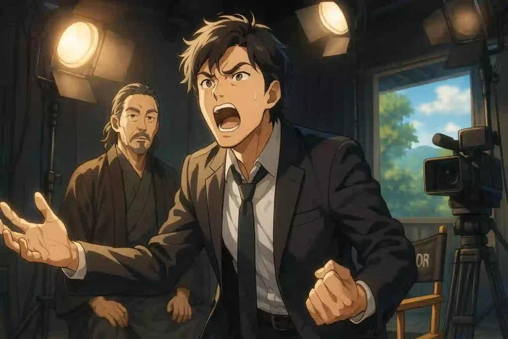 映画の撮影現場で、スポットライトを浴びながら情熱的な演技をする俳優のイラスト。