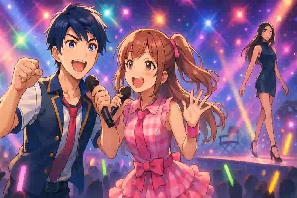 華やかなステージで歌い踊るアイドルと、ランウェイを歩くモデルを描いたイラスト。