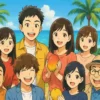 宮崎の青い海とフェニックスの木を背景に、俳優やアイドル、芸人など様々な宮崎県出身の有名人をイメージしたキャラクターたちが笑顔で集まっているイラスト。