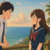宮崎の海が見える丘で、これから告白しようとする制服姿の男子高校生と、少し照れながら彼を見つめる女子高校生。