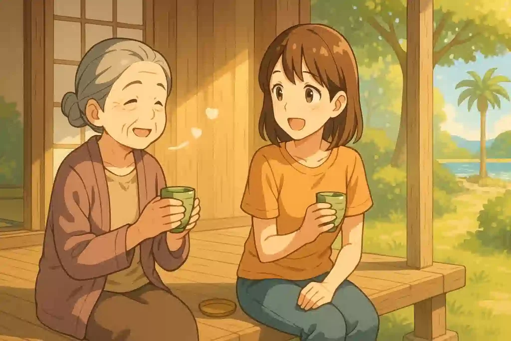 日当たりの良い縁側で、おばあさんと若い女性がお茶を飲みながら宮崎弁で談笑している日常風景のアニメ風イラスト。
