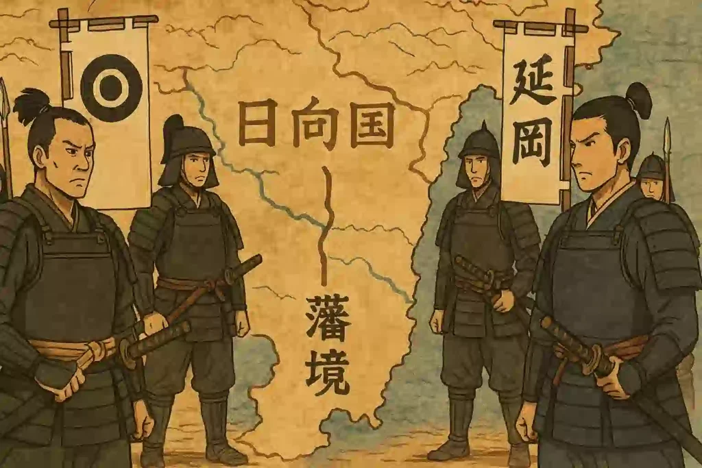 江戸時代の古い地図の上で、薩摩藩と延岡藩の旗を持った武士たちが、藩の境界線を挟んでそれぞれの領地に立っている歴史を感じさせるイラスト。