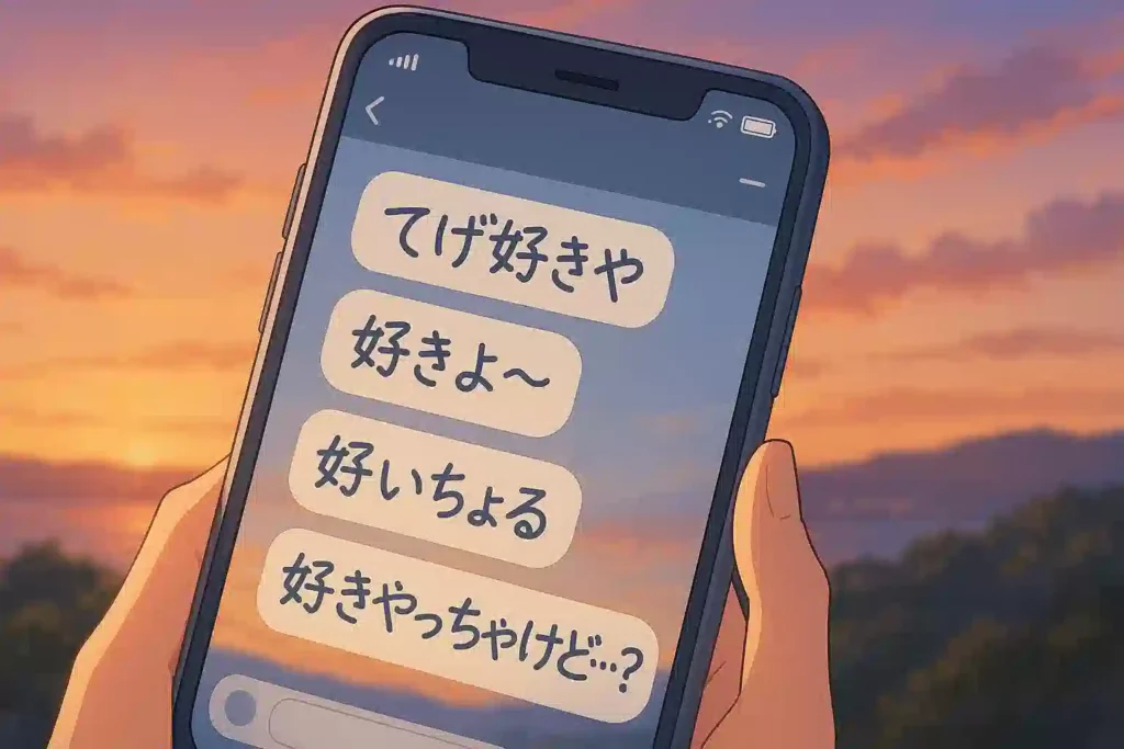 宮崎弁の告白フレーズが書かれたメッセージアプリの画面のアップ。背景には宮崎の夕景がぼかして表示されている。