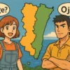 宮崎県の地図を背景に、日向方言エリアを象徴する明るい女性と、諸県方言エリアを象徴する精悍な男性がそれぞれの代表的な方言を話しているイラスト。