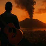 夕暮れの桜島を背景に、ギターを背負って故郷・鹿児島を眺める男性の後ろ姿。長渕剛の音楽の世界観を表現している。