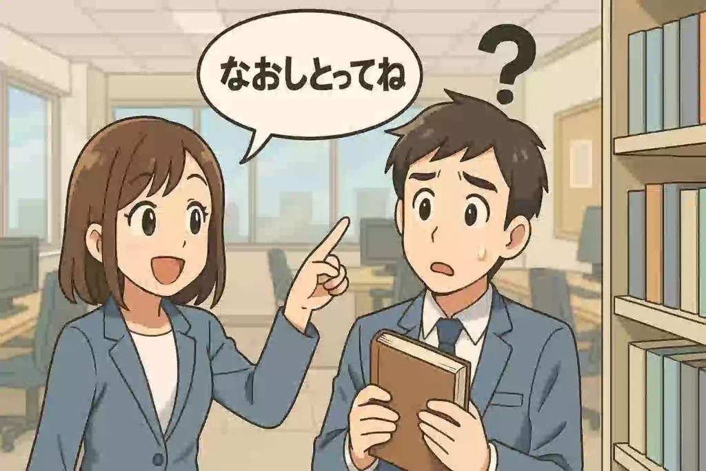 オフィスで女性が「なおしとって」と本棚を指しているが、男性は壊れていない本を持って「修理するの?」と勘違いして困惑している様子のイラスト。