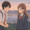 夕暮れの長崎の港が見える丘で、男子高校生が恥ずかしそうに女子高校生へ告白している、胸がキュンとするアニメ風イラスト。