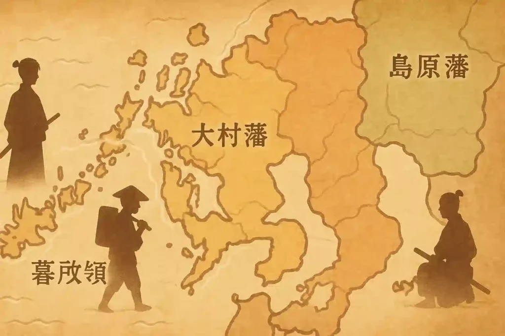 江戸時代の長崎県の古地図風イラスト。幕府直轄地や各藩が色分けされ、藩ごとに言葉が異なっていった歴史的背景を視覚的に示している。