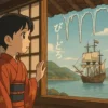 鎖国時代の長崎、着物姿の少女が窓から「びーどろ（つらら）」とオランダ船を眺めているレトロなアニメ風のイラスト。