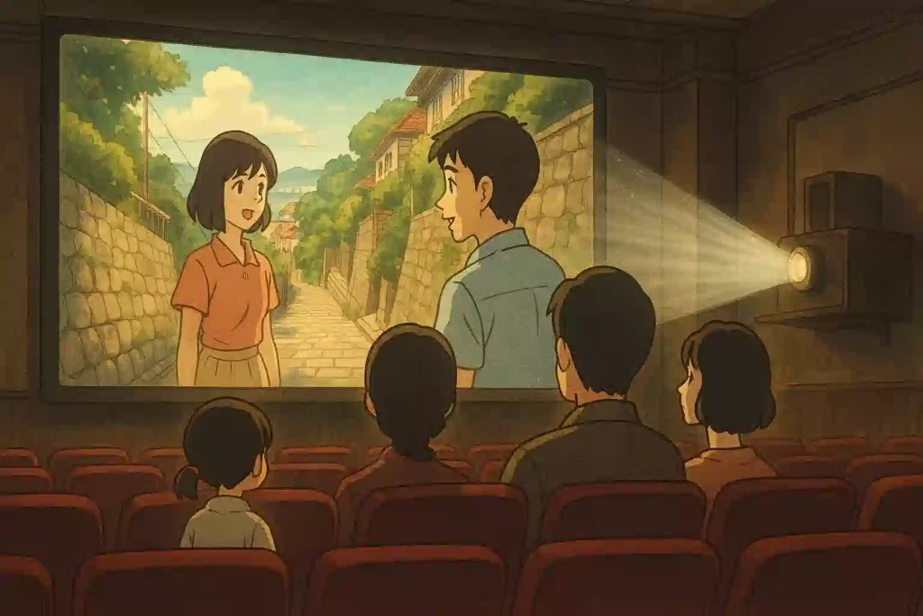 昭和レトロな映画館で、長崎を舞台にした映画を観ている家族のシルエット。スクリーンには坂のある美しい街並みが映し出されている。