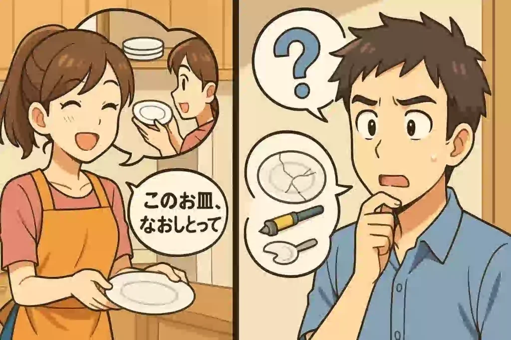 「なおす」という言葉の誤解。「片付ける」と考える女性と「修理する」と勘違いして困惑する男性が描かれたイラスト。