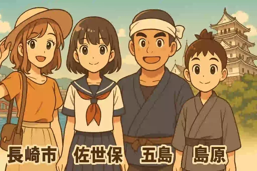 長崎市、佐世保市、五島列島、島原半島をそれぞれ象徴する4人のキャラクターが、各地域の風景を背に並んでいるイラスト。方言の多様性を表現している。