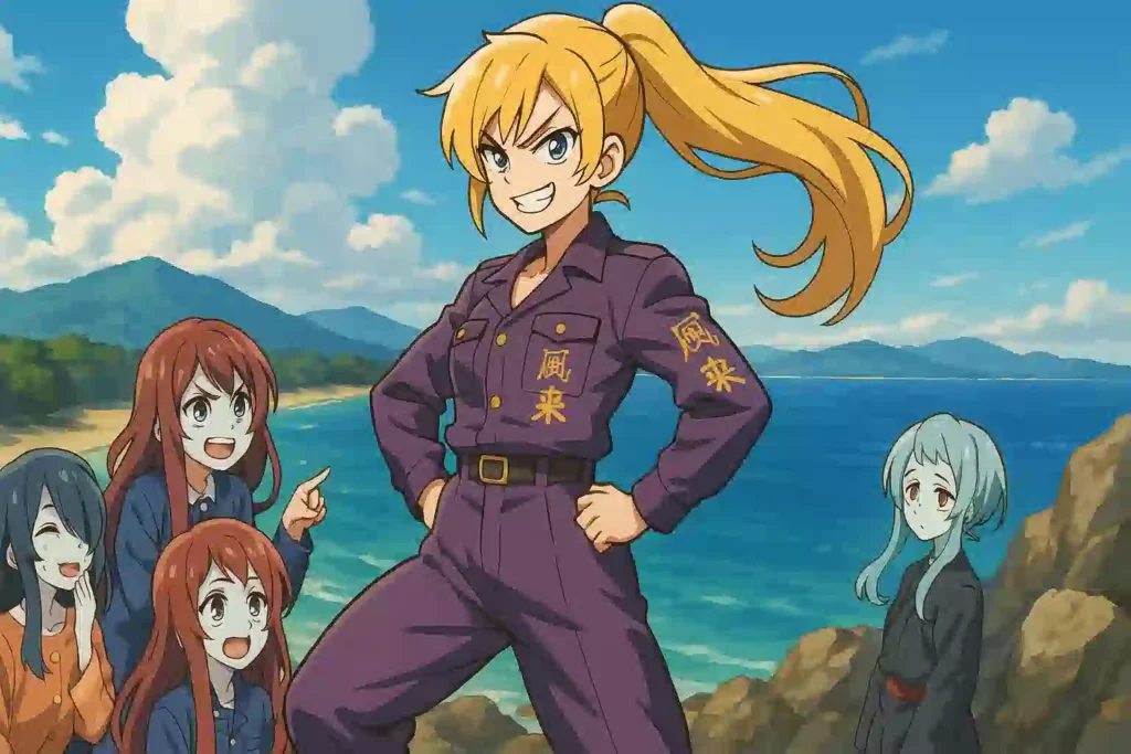 特攻服を着た二階堂サキが、唐津の美しい海を背景に、自信に満ちた表情で力強くポーズを決めているイラスト。彼女の特攻隊長としてのカリスマ性が表現されている。
