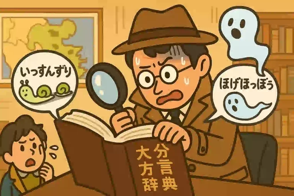 大分方言【上級編】のイメージ画像。探偵風の人物が、難解な大分方言辞典を虫眼鏡で必死に解読しようとしているユーモラスなイラスト。