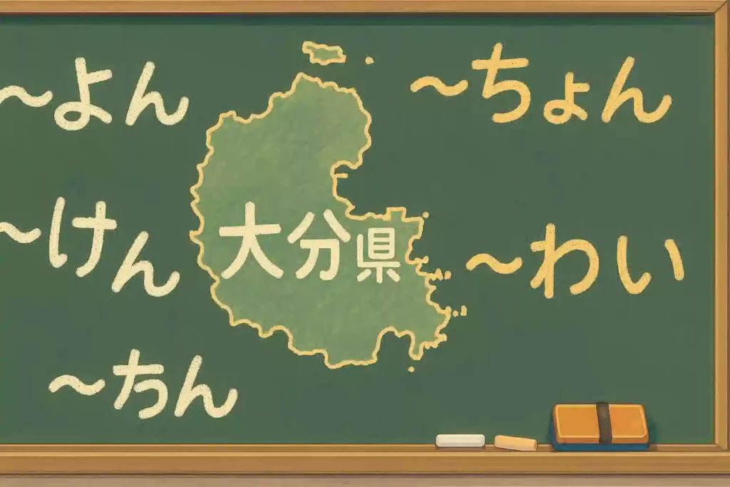 黒板に描かれた大分県の地図の周りに、「~よん」や「~けん」といった大分方言の基本的な語尾が手書き風に書かれているイラスト。