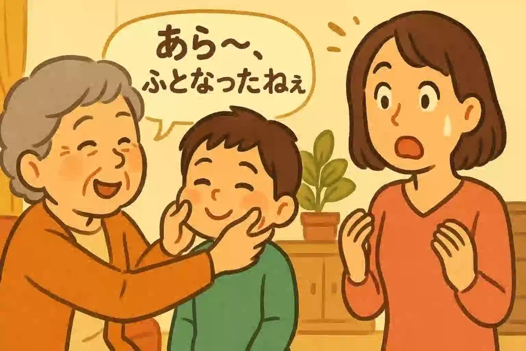 大分方言【初級編】のイメージ画像。おばあちゃんが孫に「ふとなったねぇ」と声をかけ、その言葉を勘違いした母親が驚いているコミカルな日常風景。