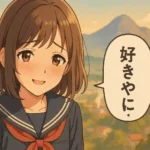 大分弁の「好きやに」というセリフと共に、はにかみながら告白する可愛らしい女子高生のイラスト。背景には大分ののどかな風景が広がっている。