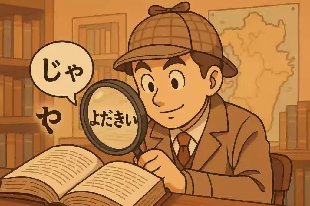 探偵風のキャラクターが虫眼鏡で辞書に書かれた大分弁「よだきい」の語源を調べているイラスト。方言のルーツを探る面白さを表現している。