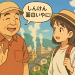 大分県の別府の湯けむりを背景に、大分県民の男性と旅行者の女性が方言で楽しく会話しているアニメ風イラスト。