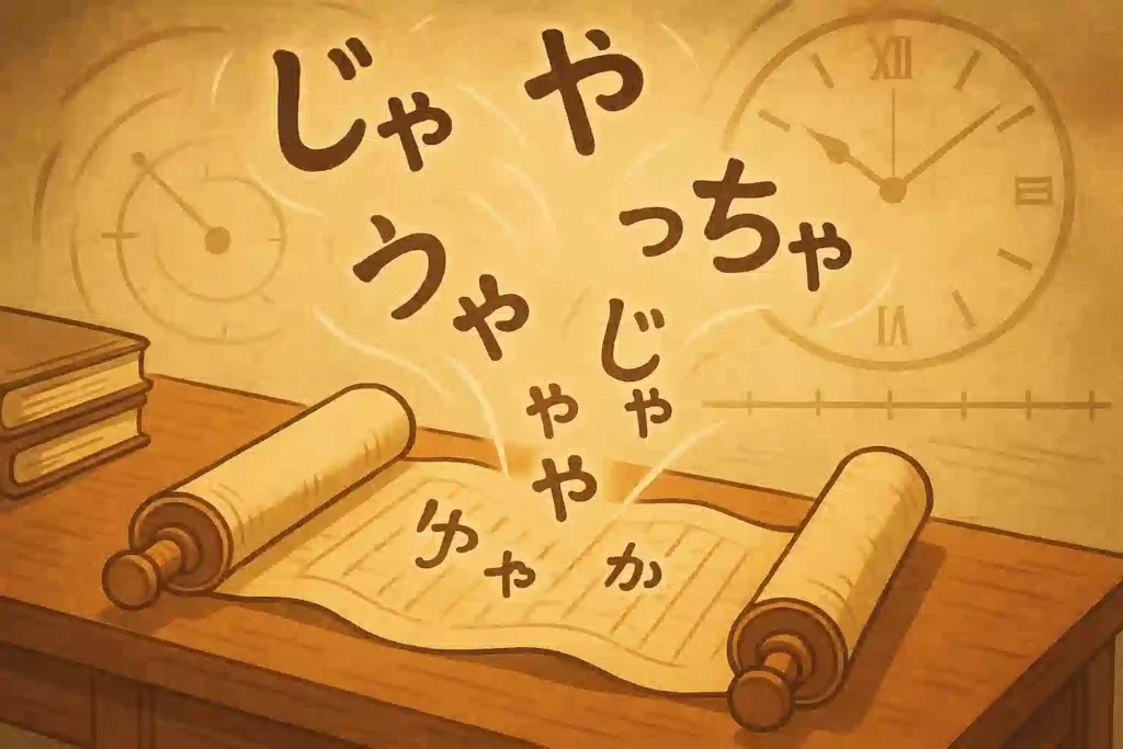 古い巻物から「じゃ」や「や」といった方言の文字が飛び出しているイラスト。言葉の歴史とタイムトラベルというテーマを表現している。