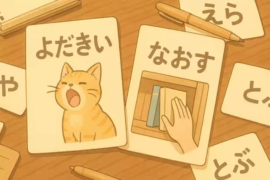 大分方言の単語集。「よだきい」と書かれあくびをする猫の絵が描かれたカードや、「なおす」と書かれ本を棚にしまう手の絵が描かれたカードが机の上に並んでいるイラスト。
