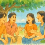 青い海を背景に、ガジュマルの木の下で楽しそうに会話する沖縄の若者たち。沖縄方言での楽しいコミュニケーションをイメージした水彩画風イラスト。