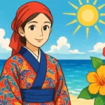 沖縄の青い海と太陽を背景に、伝統的な琉装をまとった女性が微笑んでいるイラスト。記事のテーマである沖縄の言葉の温かさを象徴している。