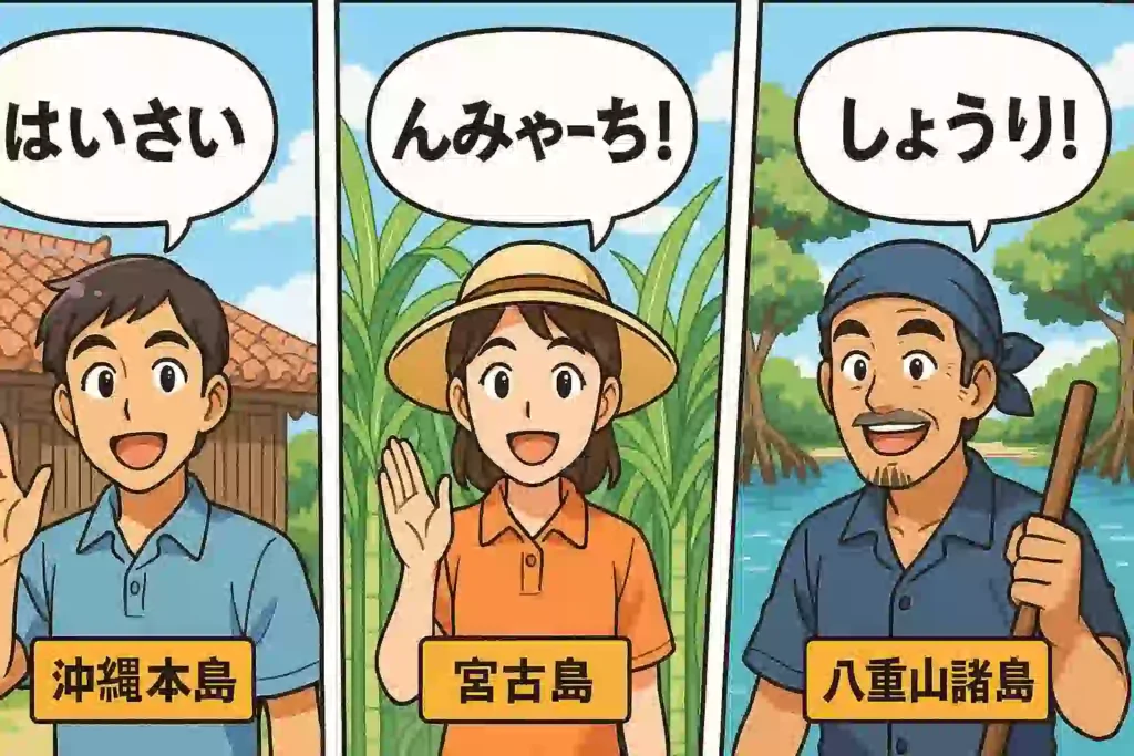 沖縄本島、宮古島、八重山諸島の3つの地域の人物が、それぞれの風景を背景に「はいさい」「んみゃーち」「しょうり」と異なる挨拶をしている比較イラスト。