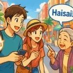 沖縄の国際通りで、観光客のカップルが地元のおばあと方言を交えながら笑顔で道を聞いているイラスト。旅行で方言を使う楽しさを表現している。