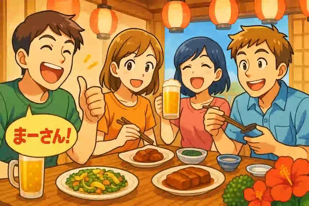 活気のある沖縄の居酒屋で、友人グループがゴーヤーチャンプルーなどの沖縄料理を囲み、「まーさん！（美味しい！）」と言いながら楽しんでいるイラスト。