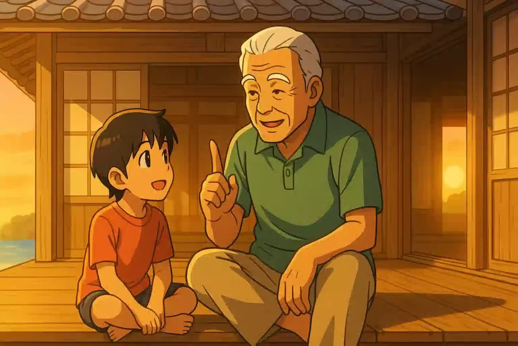 沖縄の古民家の縁側で、おじいが孫に優しく語り聞かせているイラスト。世代を超えて受け継がれる「黄金言葉」の重みと温かさを象徴している。