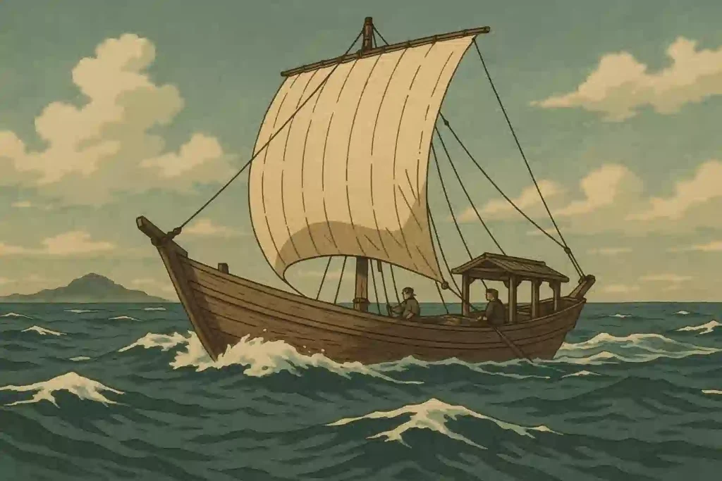 琉球王国時代の船が、島々を隔てる荒い海を航行しているイラスト。沖縄の方言が地域ごとに多様化した地理的要因を象-徴している。