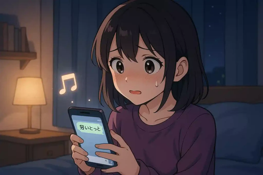 夜、自分の部屋でスマートフォンを手に持ち、佐賀弁での告白メッセージを送るかどうか悩んでいる女の子の姿を描いたアニメ風イラスト。告白前の緊張感が伝わってくる。