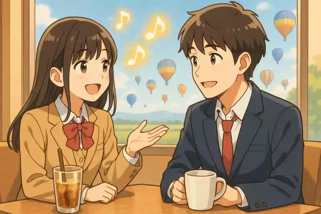 遠くに佐賀バルーンフェスタが見えるカフェで、楽しそうに会話する高校生カップル。女の子の言葉がキラキラした音符で表現され、佐賀弁のかわいらしさを示しているアニメ風イラスト。