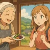 佐賀の古民家で、おばあちゃんが親切に漬物を勧めているが、若い女性観光客は「おこもじ」という言葉が分からず頭に「？」を浮かべている、コミカルで心温まるイラスト。