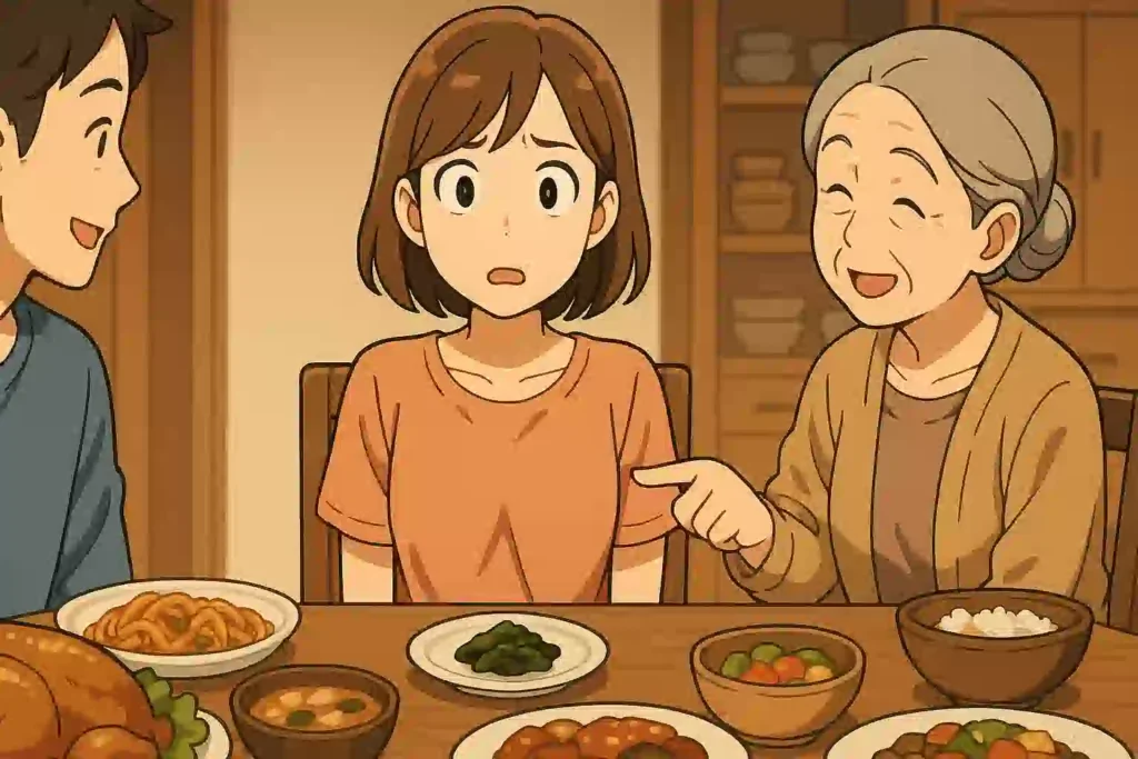 ご馳走が並ぶ食卓で、お嫁さんが「おこもじ」という言葉の意味が分からず、義母が指差す一皿の漬物を前に困惑している様子のイラスト。