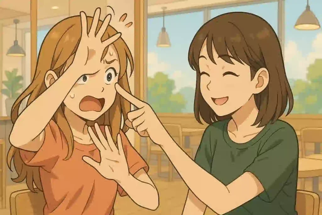 カフェで、友人に「びんた（頬）」を褒められた女性が、平手打ちされると勘違いして大げさに驚いている面白い様子のイラスト。