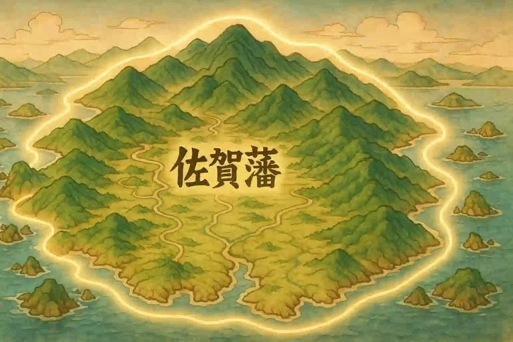 山と海に囲まれ、独自の統制で孤立していた江戸時代の佐賀藩を描いた古地図風のイラスト。