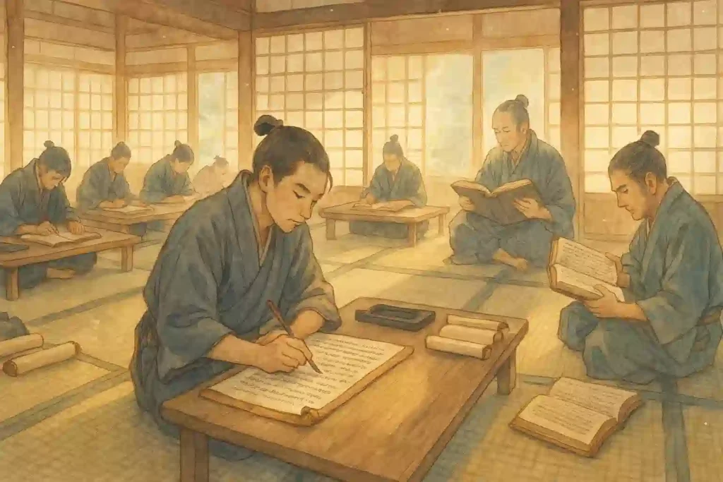 佐賀藩の藩校「弘道館」で、武士たちが漢学の書物を熱心に学んでいる様子を描いたイラスト。