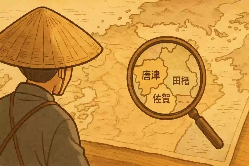 江戸時代の旅人が、佐賀藩・唐津藩・対馬藩飛び地の境界線が描かれた古地図を虫眼鏡で覗き込んでいるイラスト。佐賀県内に3つの言葉の国が存在した歴史的背景を表現している。