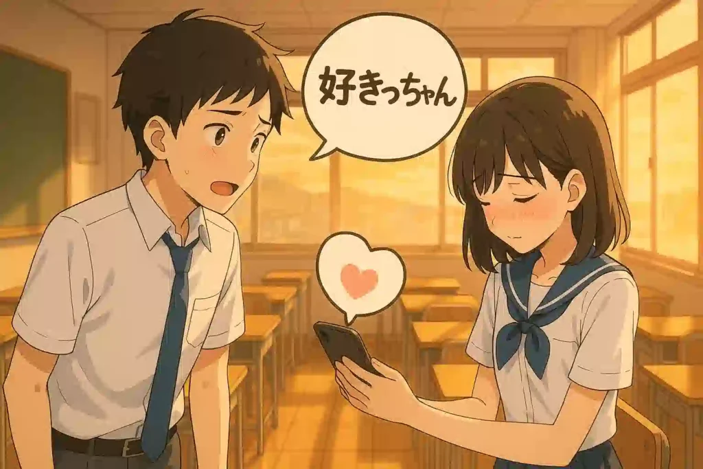 夕日が差し込む放課後の教室で、男子生徒が女子生徒に「好きっちゃん」とストレートに告白している、初々しいアニメ風イラスト。